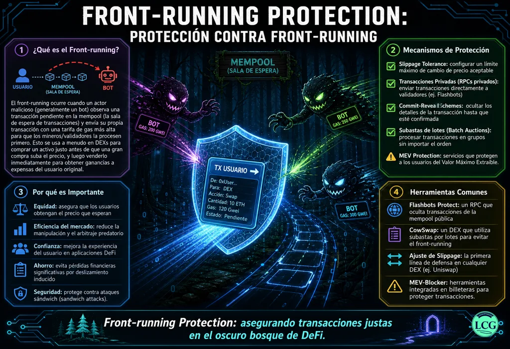 Infograf&iacute;a explicativa sobre Front Running Protection en blockchain y crypto