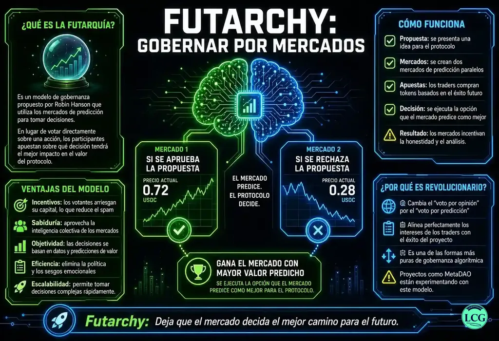 Infograf&iacute;a explicativa sobre Futarchy en blockchain y crypto