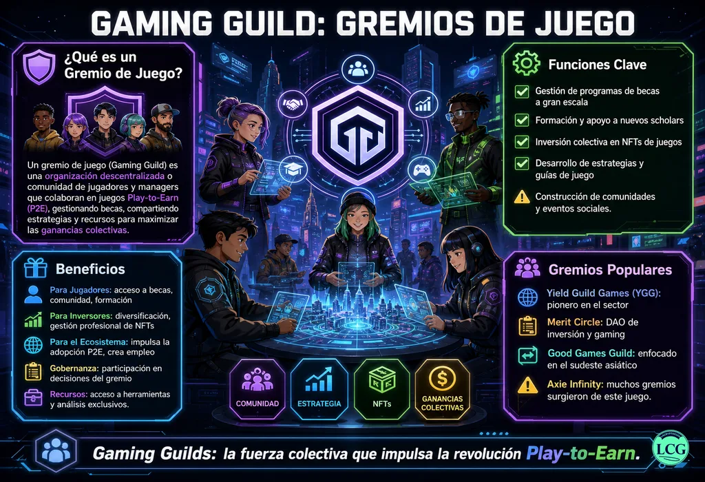 Infograf&iacute;a explicativa sobre Gaming Guild en blockchain y crypto