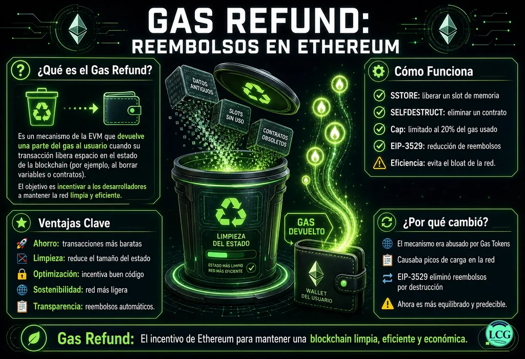 Infograf&iacute;a explicativa sobre Gas Refund en blockchain y crypto