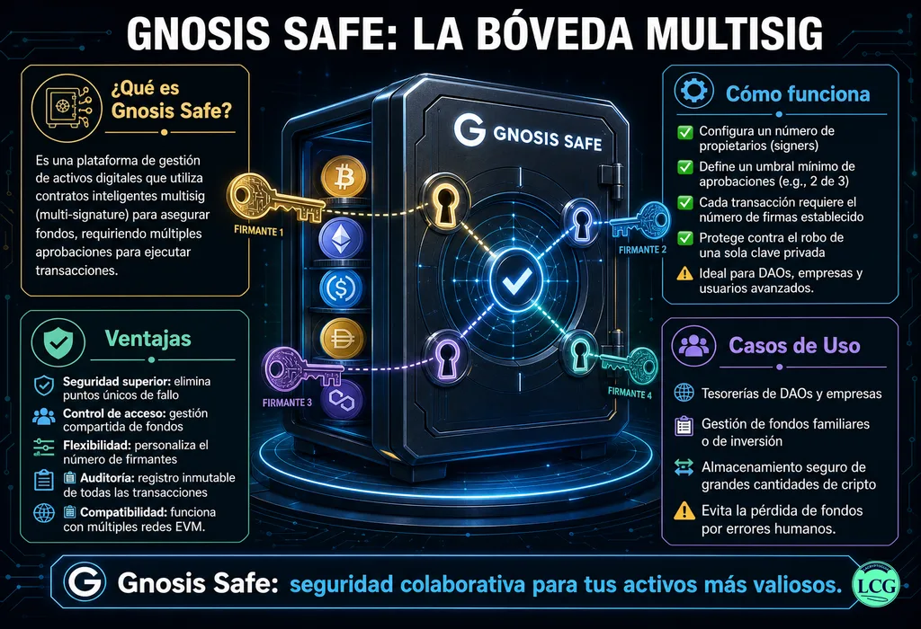 Infograf&iacute;a explicativa sobre Gnosis Safe en blockchain y crypto
