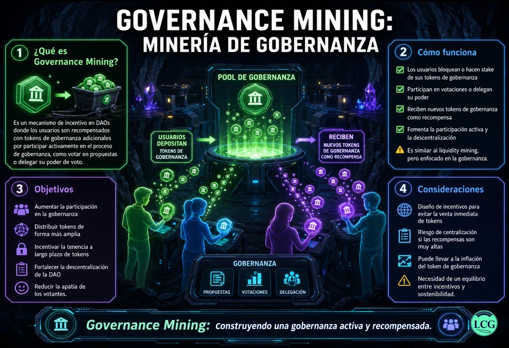 Infograf&iacute;a explicativa sobre Governance Mining en blockchain y crypto
