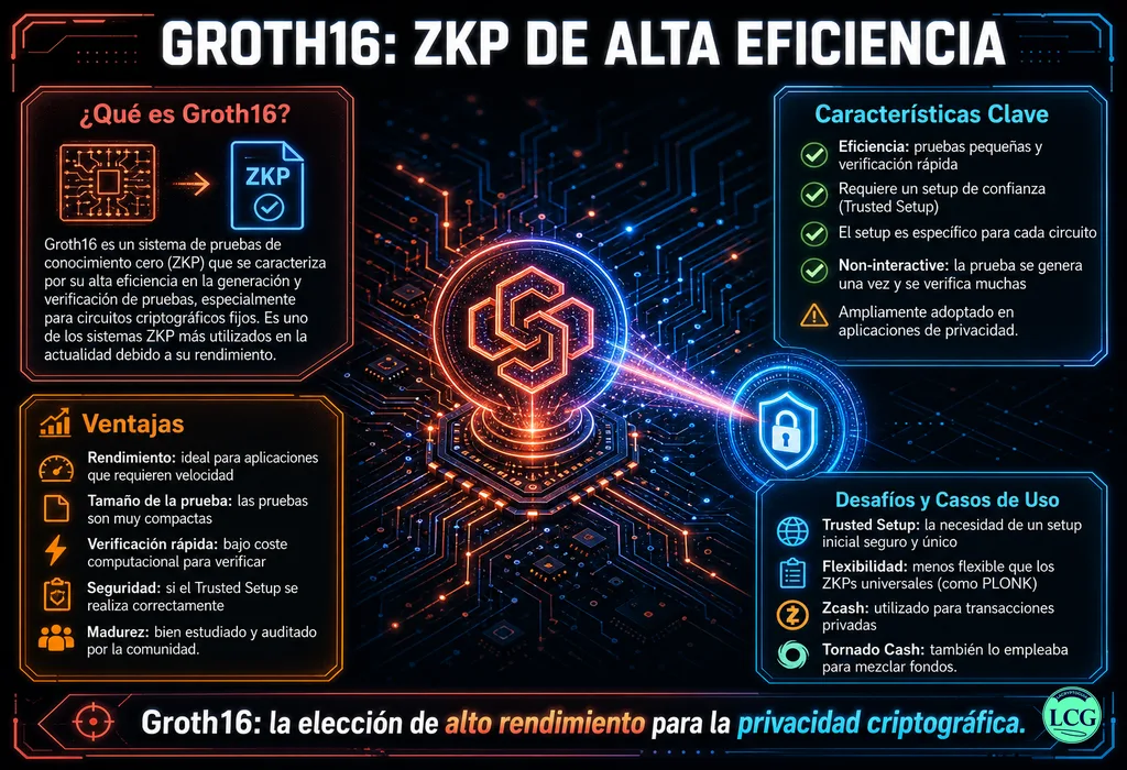 Infograf&iacute;a explicativa sobre Groth16 en blockchain y crypto