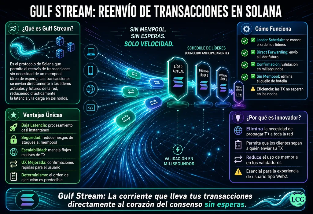 Infograf&iacute;a explicativa sobre Gulf Stream en blockchain y crypto
