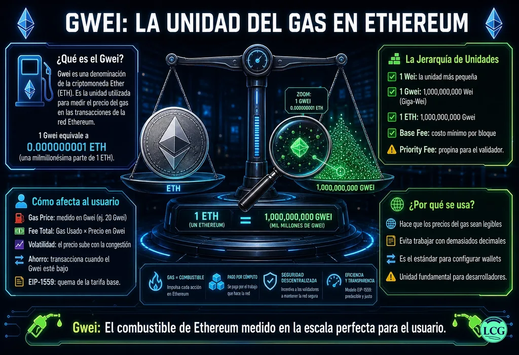Infograf&iacute;a explicativa sobre Gwei en blockchain y crypto