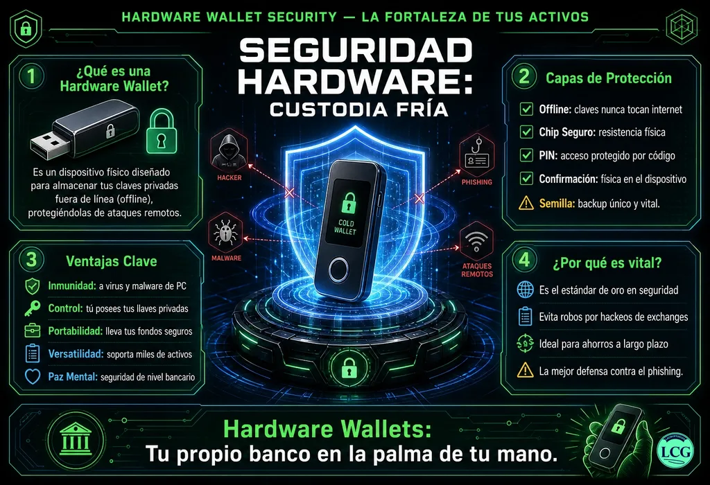 Infograf&iacute;a explicativa sobre Hardware Wallet Security en blockchain y crypto