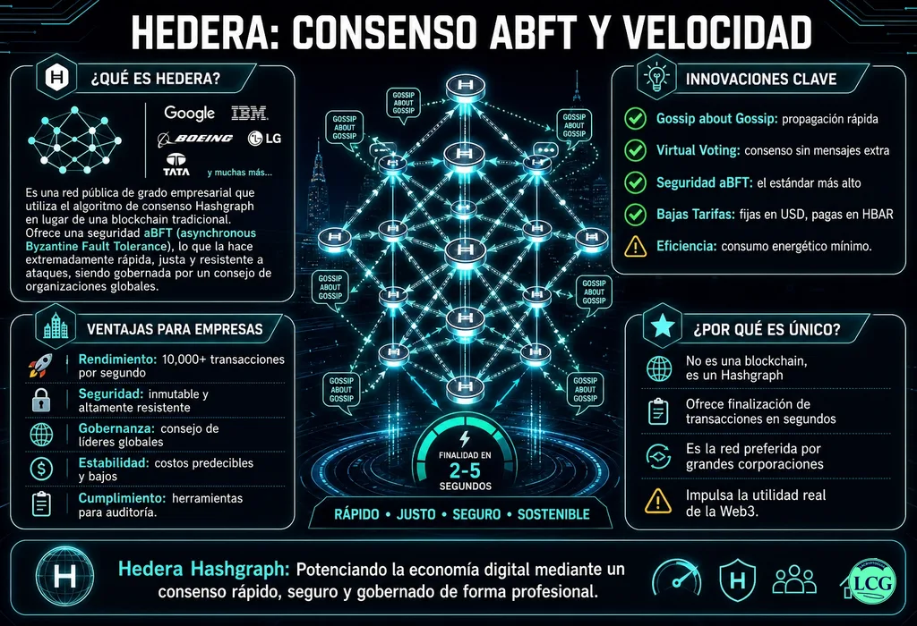Infograf&iacute;a explicativa sobre Hedera Hashgraph en blockchain y crypto