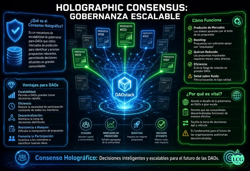 Infograf&iacute;a explicativa sobre Holographic Consensus en blockchain y crypto