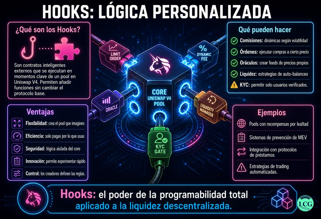 Infograf&iacute;a explicativa sobre Hooks en blockchain y crypto