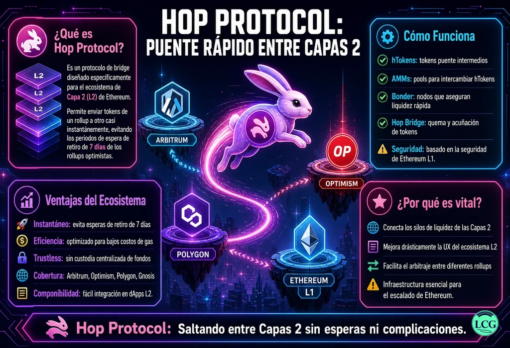 Infograf&iacute;a explicativa sobre Hop Protocol en blockchain y crypto