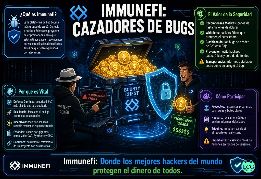 Infograf&iacute;a explicativa sobre Immunefi en blockchain y crypto