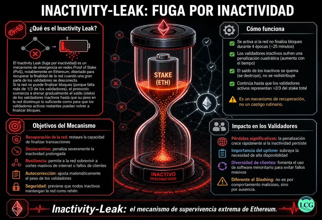 Infograf&iacute;a explicativa sobre Inactivity Leak en blockchain y crypto