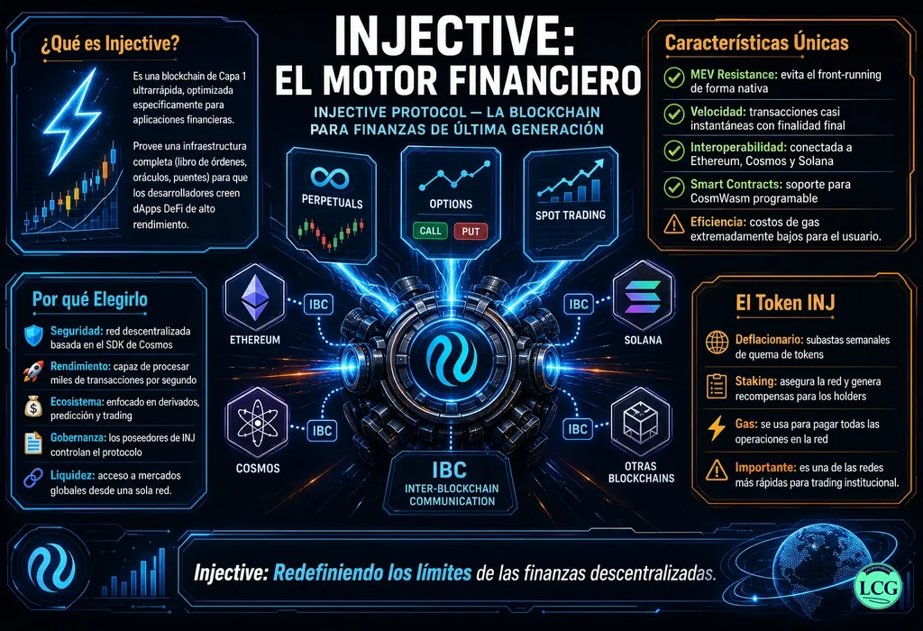 Infografía explicativa sobre Injective Protocol en blockchain y crypto