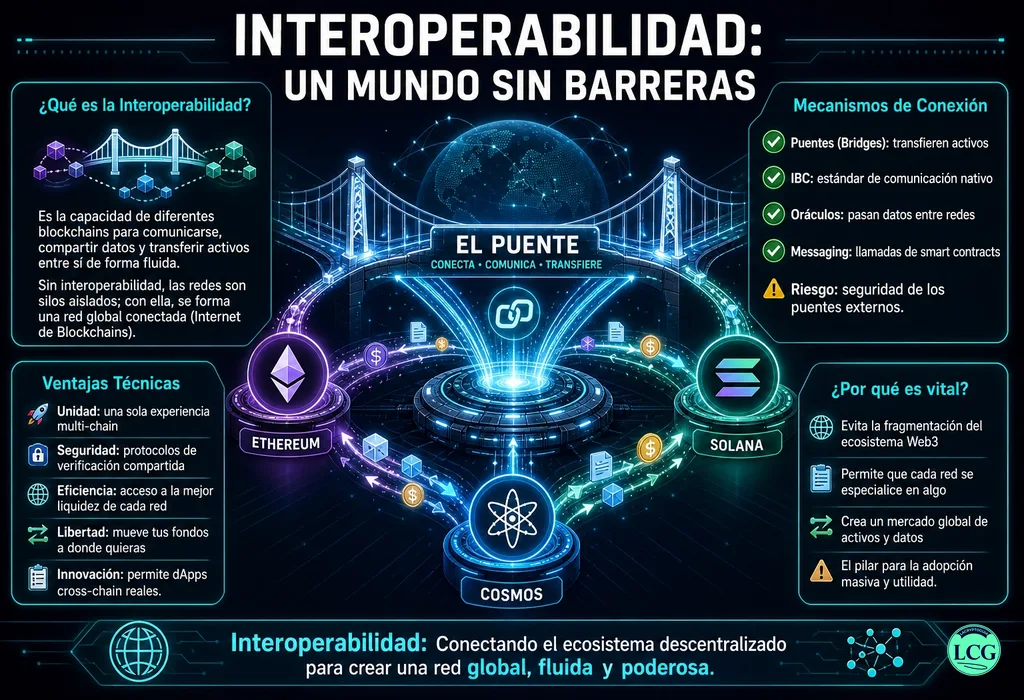 Infograf&iacute;a explicativa sobre Interoperability en blockchain y crypto