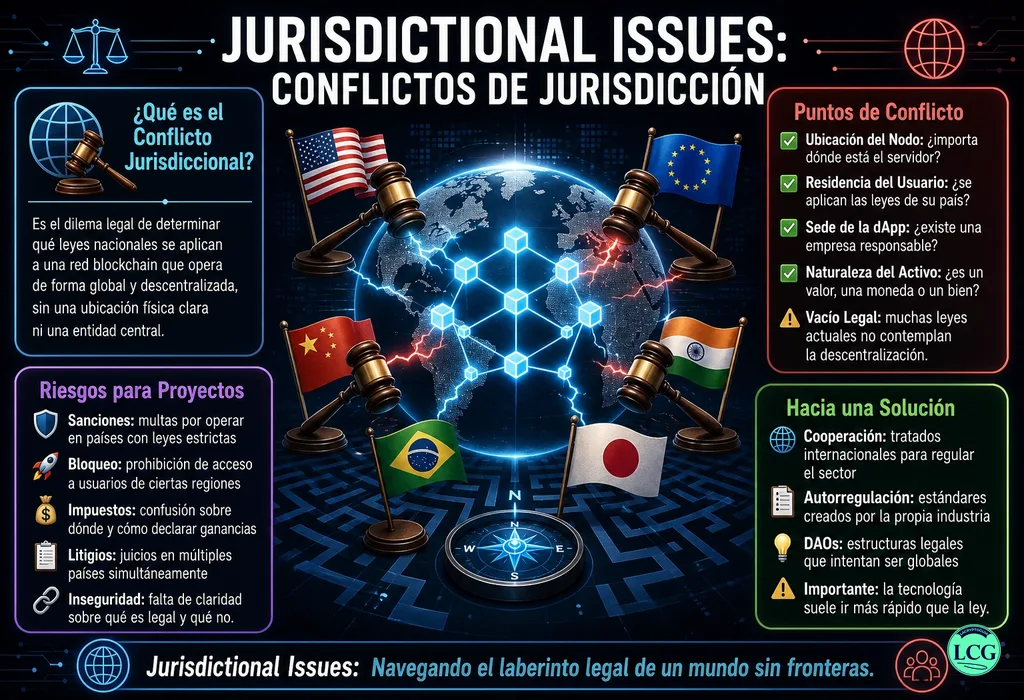Infograf&iacute;a explicativa sobre Jurisdictional Issues en blockchain y crypto