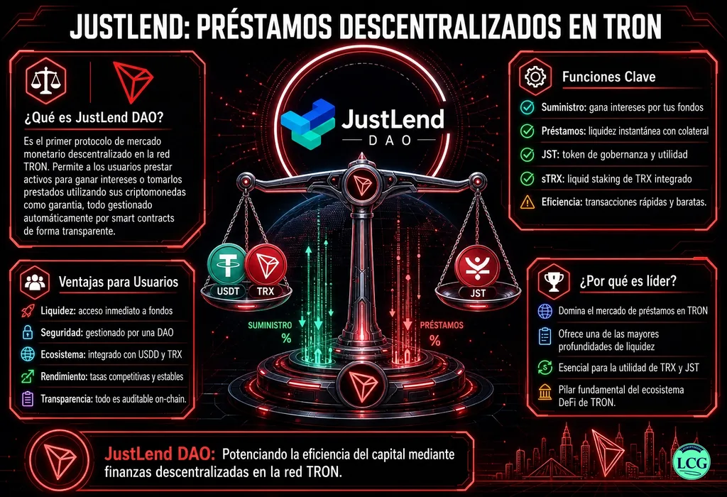 Infografía explicativa sobre Justlend en blockchain y crypto
