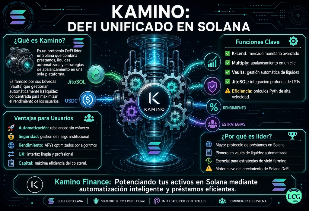 Infograf&iacute;a explicativa sobre Kamino Finance en blockchain y crypto