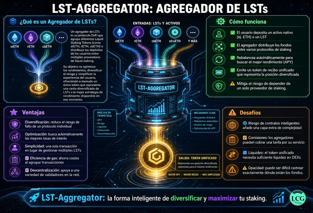 Infograf&iacute;a explicativa sobre Lst Aggregator en blockchain y crypto