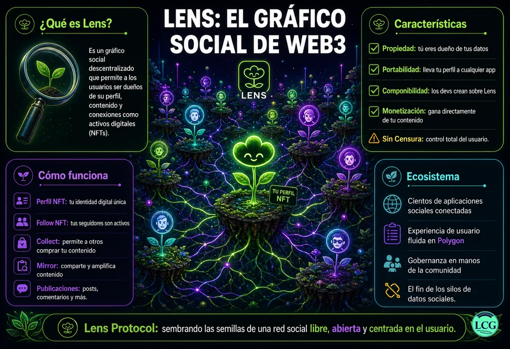 Infograf&iacute;a explicativa sobre Lens Protocol en blockchain y crypto