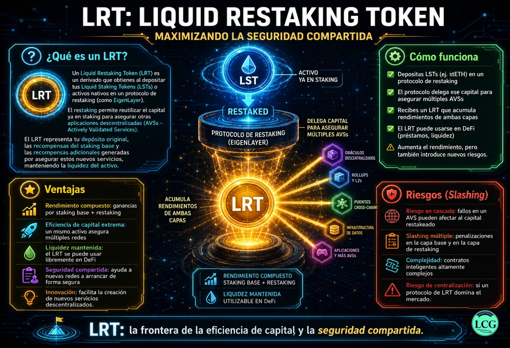 Infograf&iacute;a explicativa sobre Liquid Restaking Token (Lrt) en blockchain y crypto