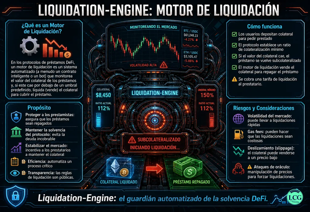 Infografía explicativa sobre Liquidation Engine en blockchain y crypto