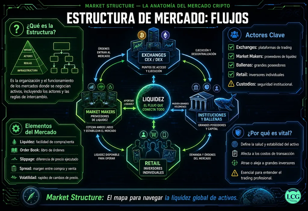 Infograf&iacute;a explicativa sobre Market Structure en blockchain y crypto
