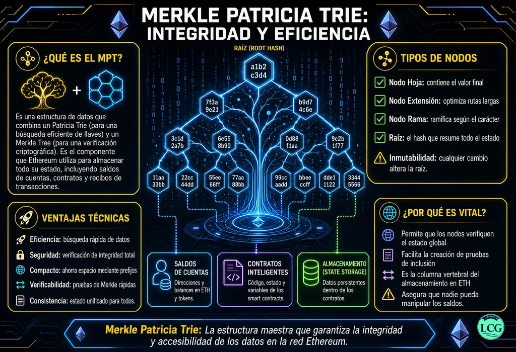 Infograf&iacute;a explicativa sobre Merkle Patricia Trie en blockchain y crypto