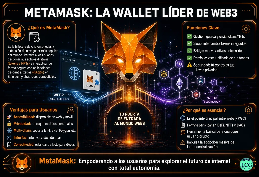 Infograf&iacute;a explicativa sobre Metamask en blockchain y crypto