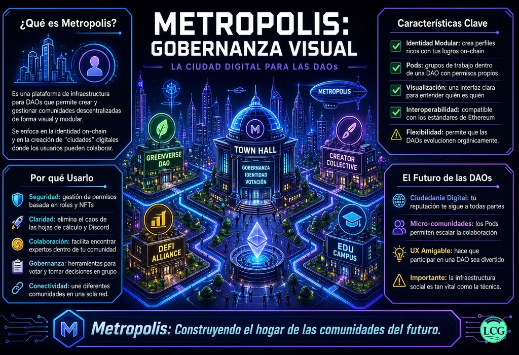 Infograf&iacute;a explicativa sobre Metropolis en blockchain y crypto