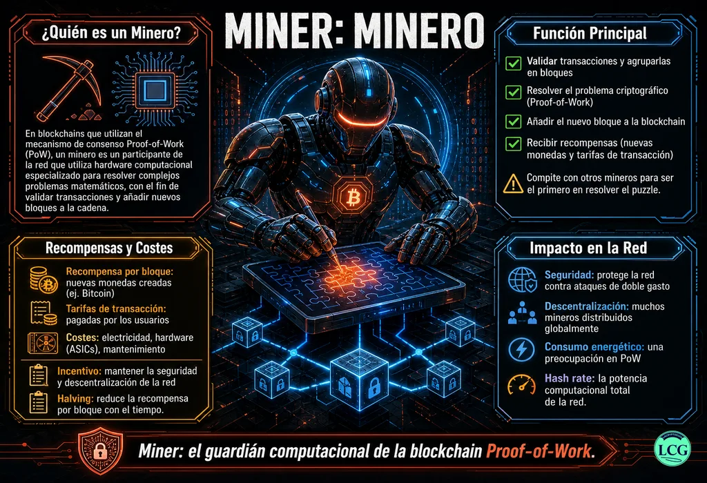 Infograf&iacute;a explicativa sobre Miner en blockchain y crypto
