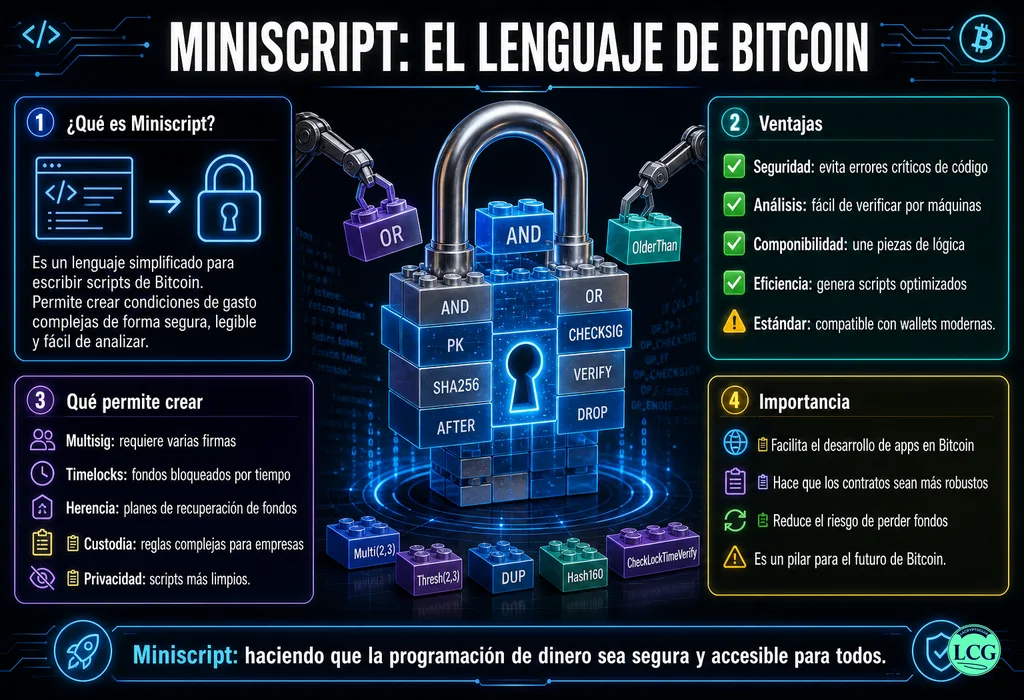 Infografía explicativa sobre Miniscript en blockchain y crypto