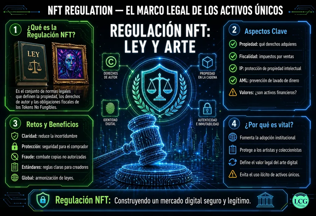 Infograf&iacute;a explicativa sobre Nft Regulation en blockchain y crypto