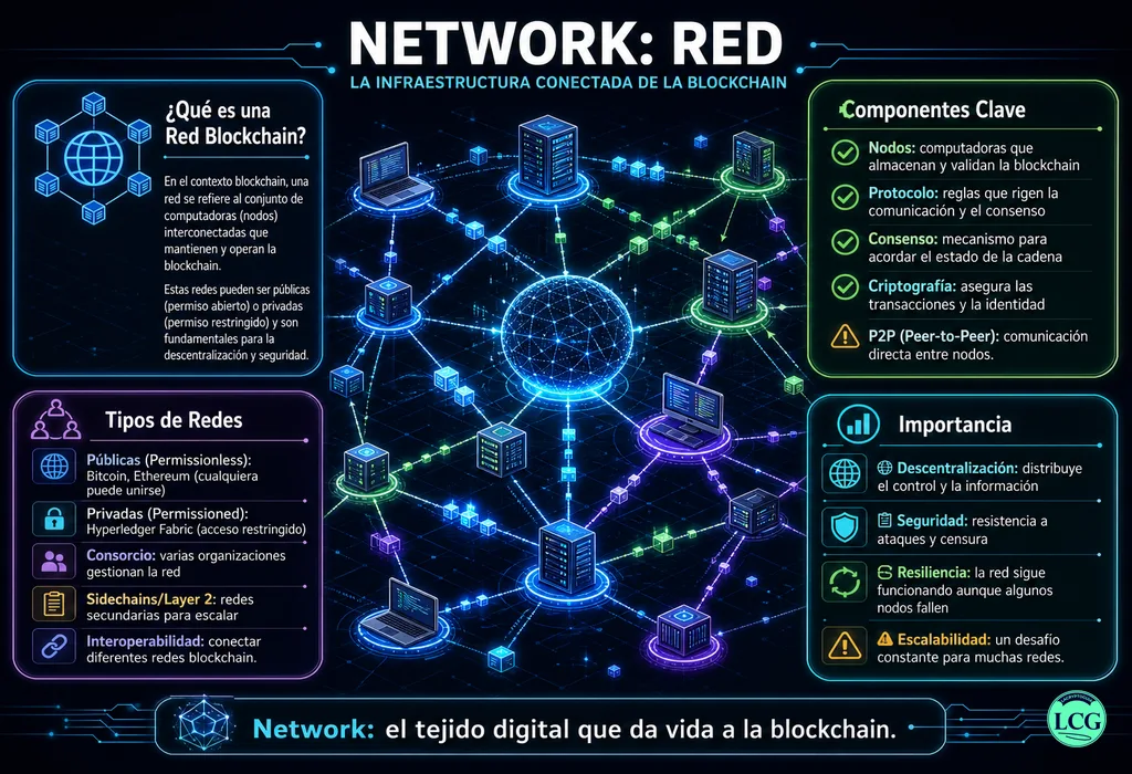 Infograf&iacute;a explicativa sobre Network en blockchain y crypto