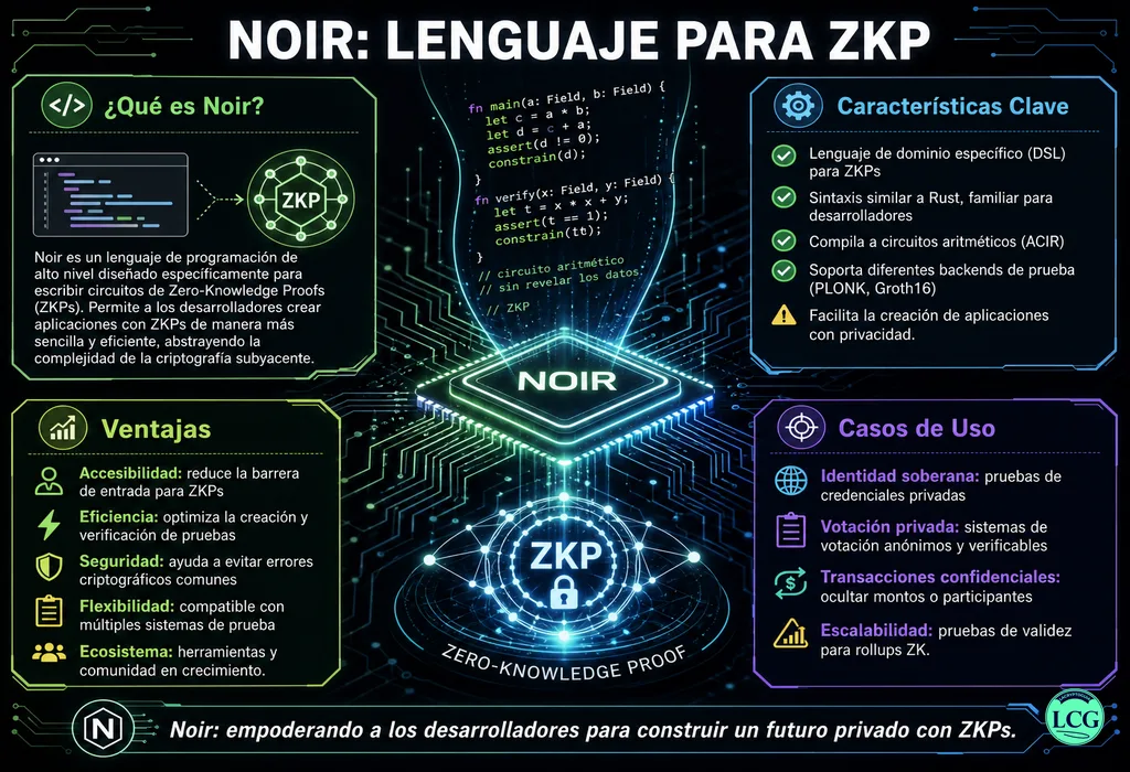 Infograf&iacute;a explicativa sobre Noir en blockchain y crypto