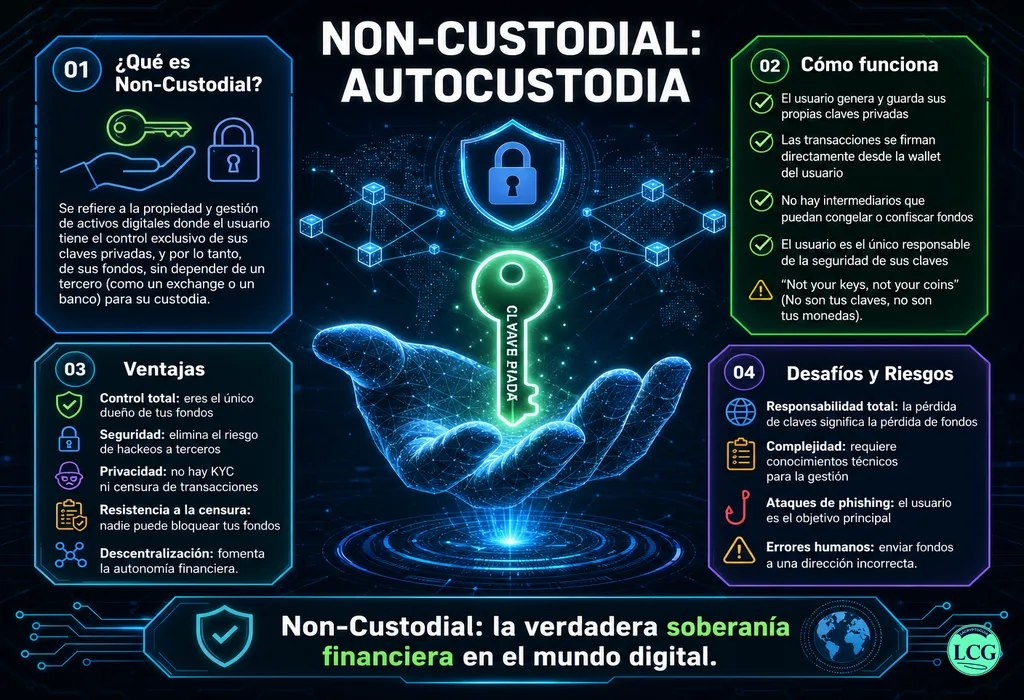 Infograf&iacute;a explicativa sobre Non Custodial en blockchain y crypto