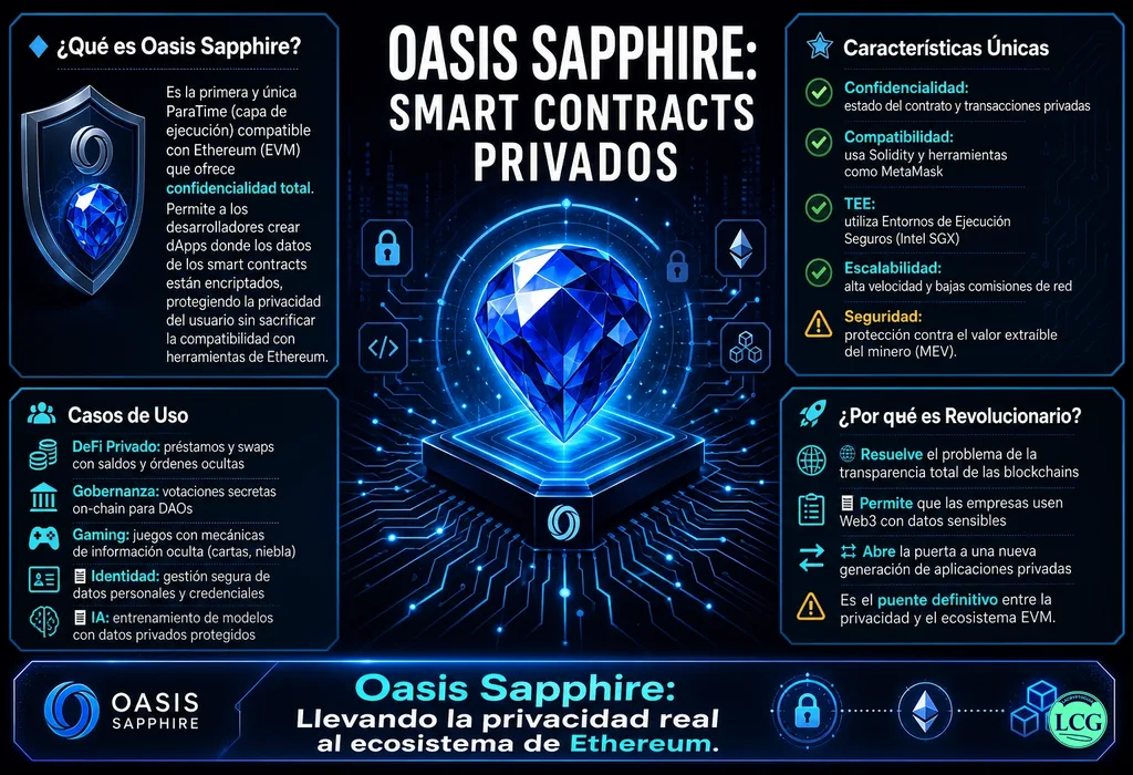 Infograf&iacute;a explicativa sobre Oasis Sapphire en blockchain y crypto