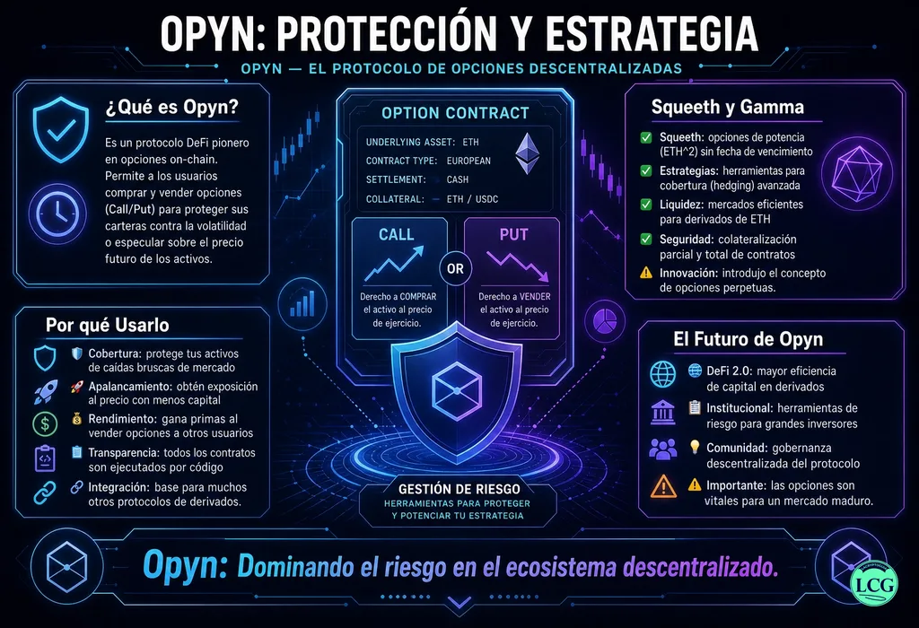 Infograf&iacute;a explicativa sobre Opyn en blockchain y crypto