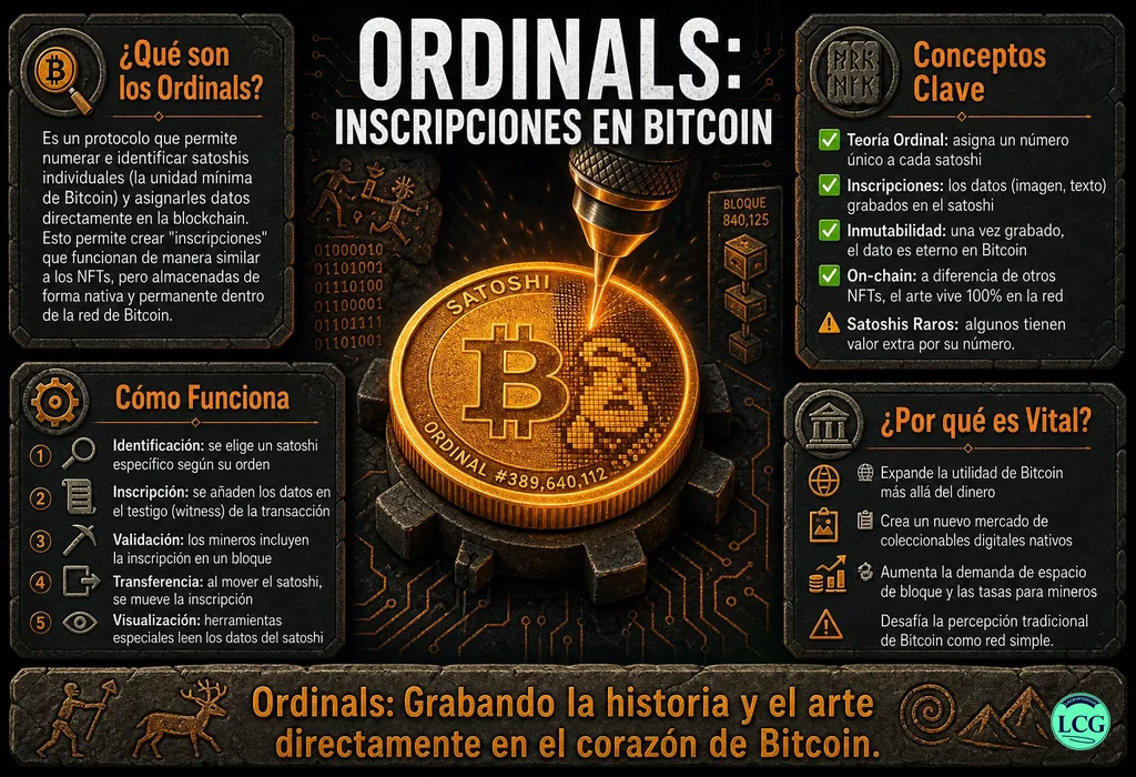 Infograf&iacute;a explicativa sobre Ordinals en blockchain y crypto