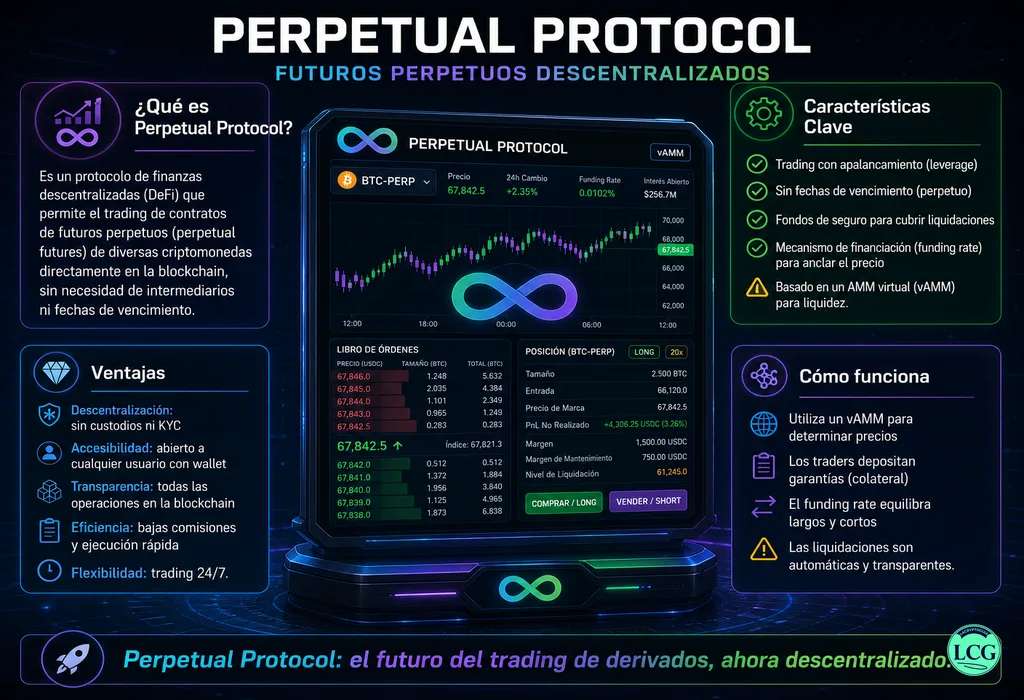 Infograf&iacute;a explicativa sobre Perpetual Protocol en blockchain y crypto