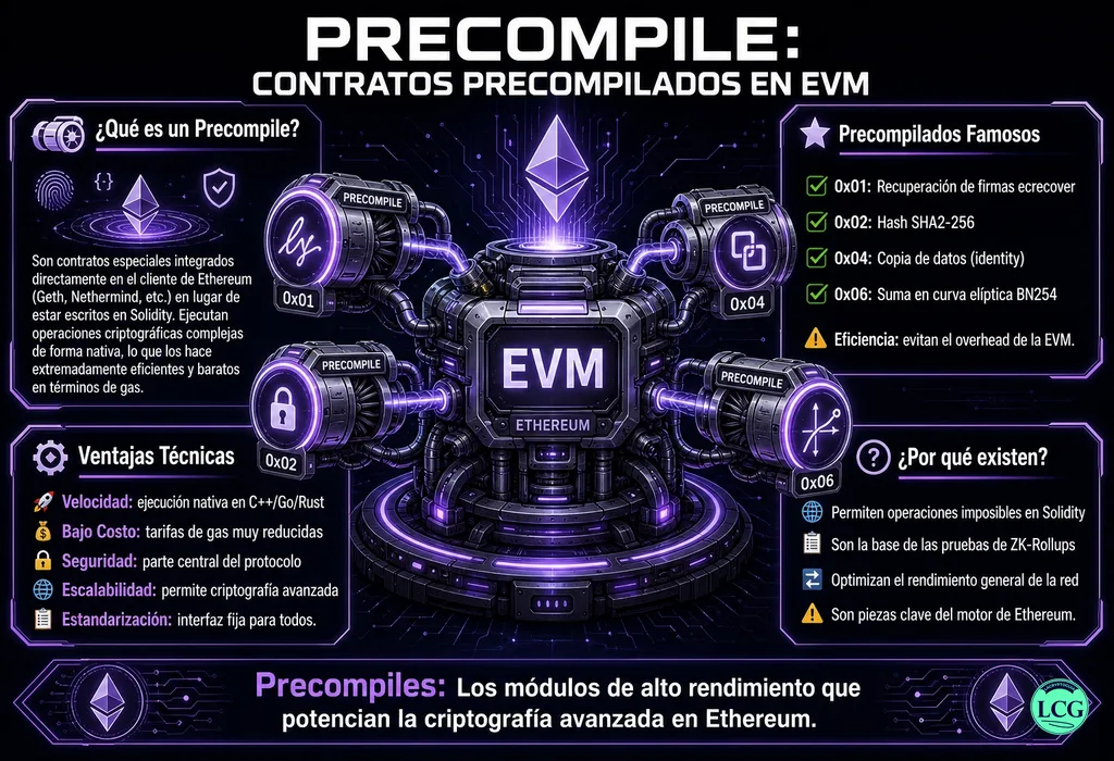 Infograf&iacute;a explicativa sobre Precompile en blockchain y crypto