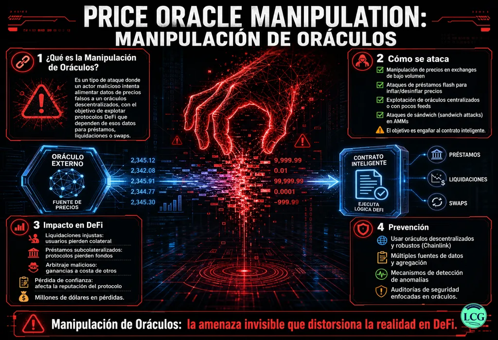Infograf&iacute;a explicativa sobre Price Oracle Manipulation en blockchain y crypto