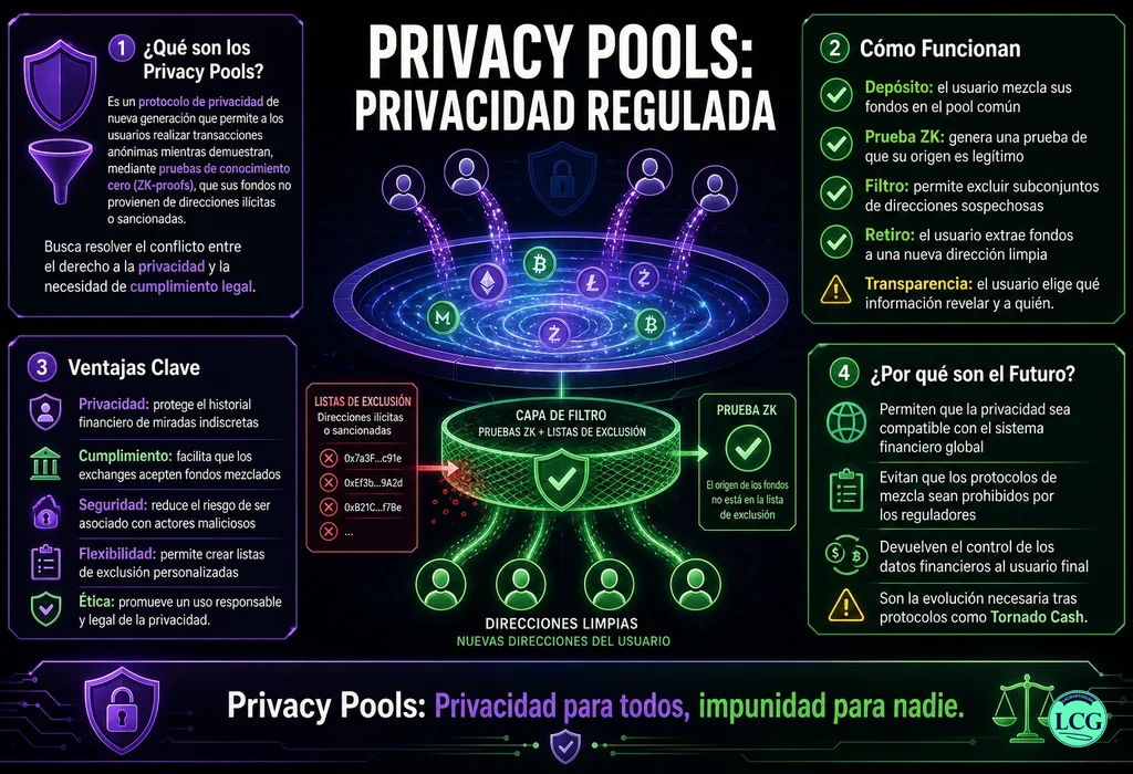 Infograf&iacute;a explicativa sobre Privacy Pools en blockchain y crypto