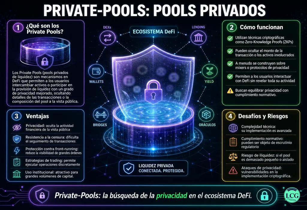 Infografía explicativa sobre Private Pools en blockchain y crypto