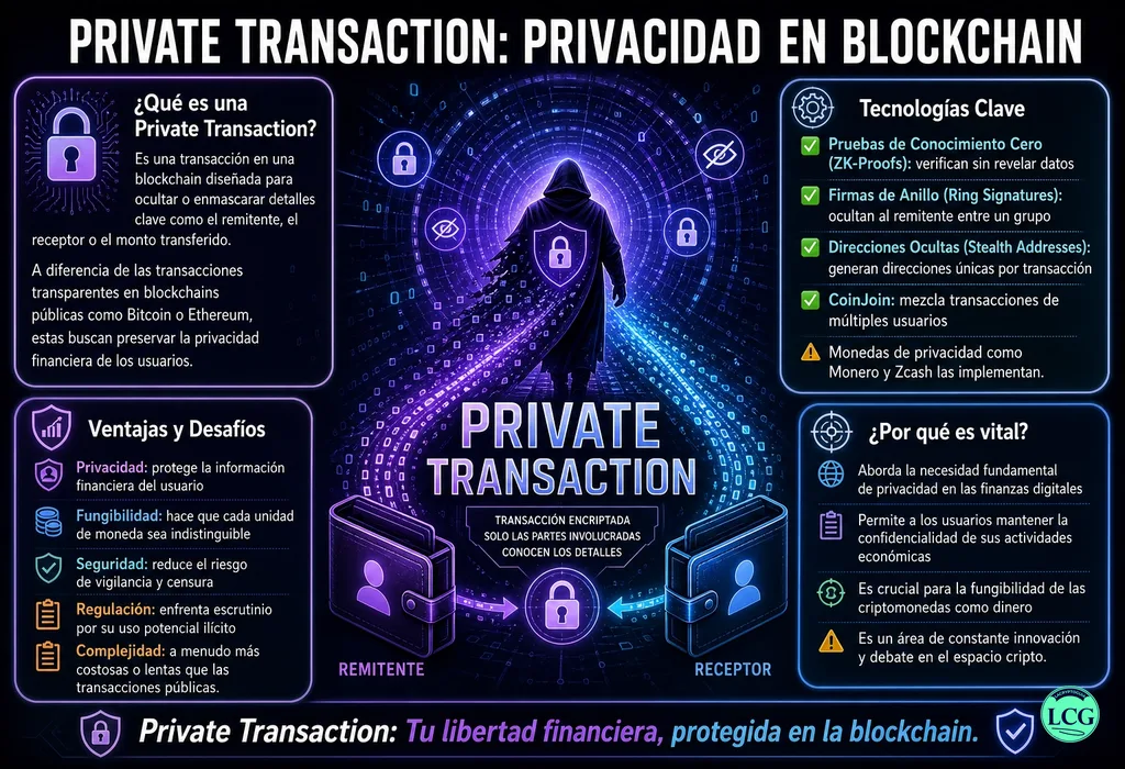Infograf&iacute;a explicativa sobre Private Transaction en blockchain y crypto