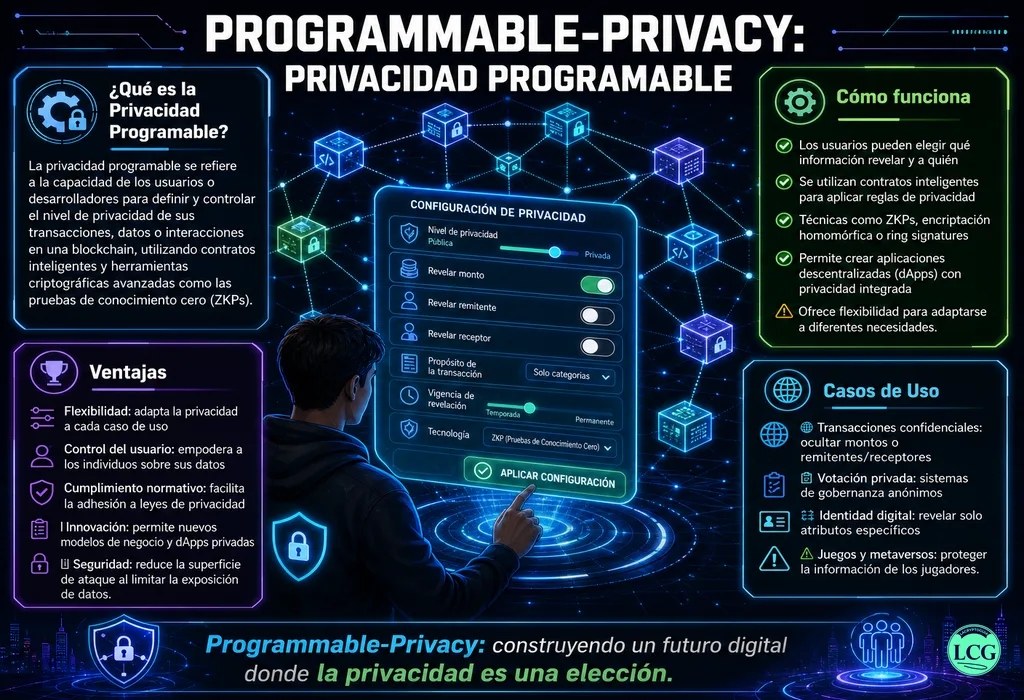 Infograf&iacute;a explicativa sobre Programmable Privacy en blockchain y crypto