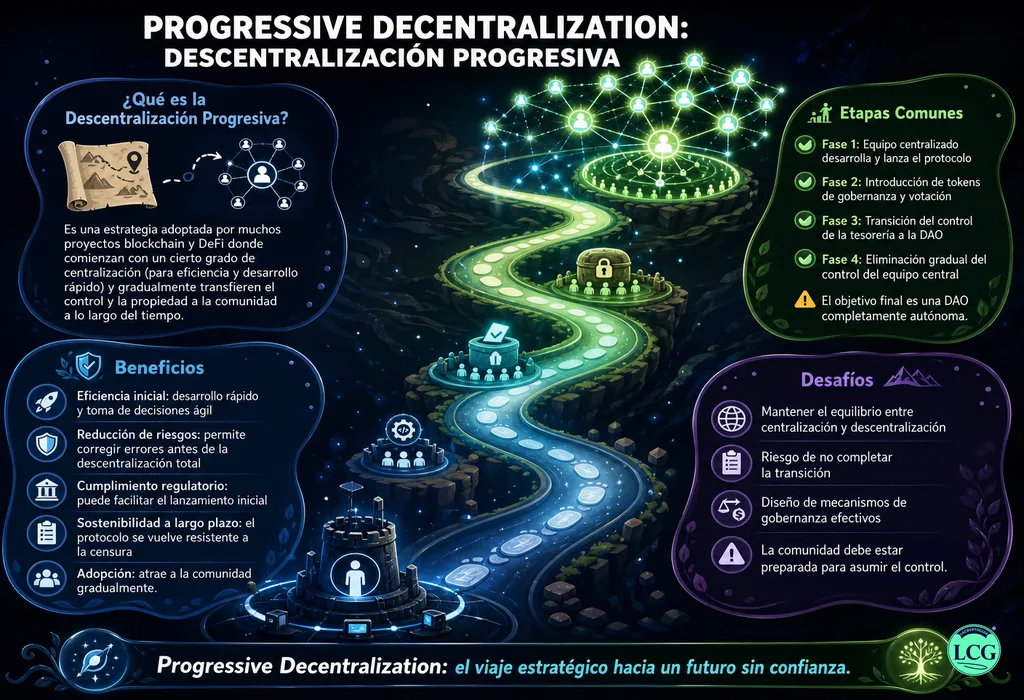 Infograf&iacute;a explicativa sobre Progressive Decentralization en blockchain y crypto