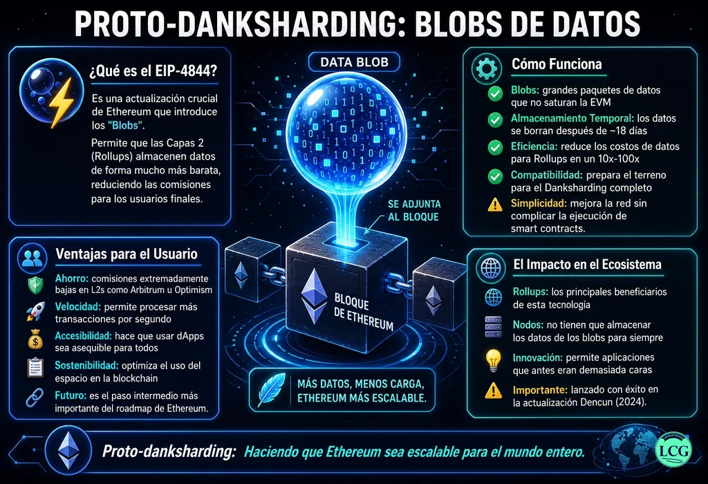 Infograf&iacute;a explicativa sobre Proto Danksharding en blockchain y crypto