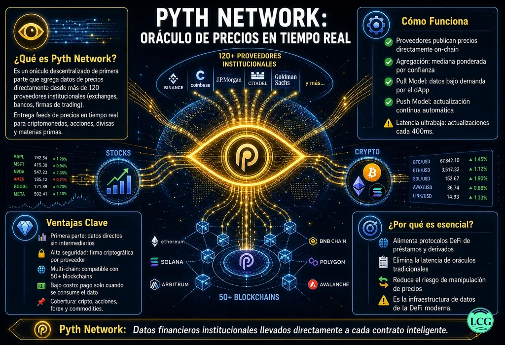 Infograf&iacute;a explicativa sobre Pyth Network en blockchain y crypto