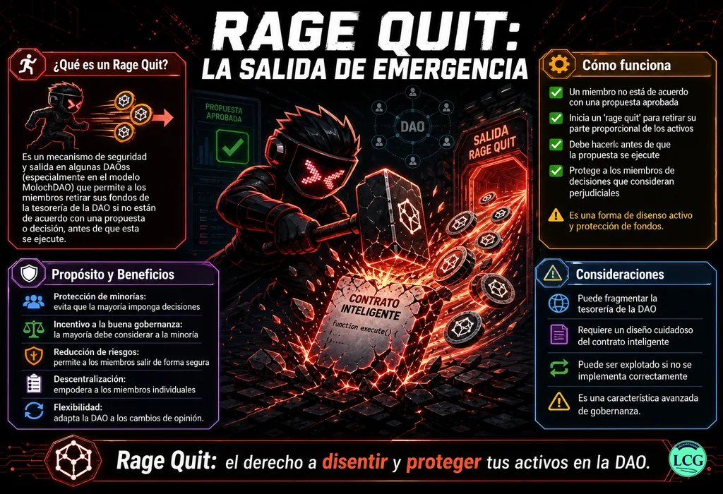 Infograf&iacute;a explicativa sobre Rage Quit en blockchain y crypto