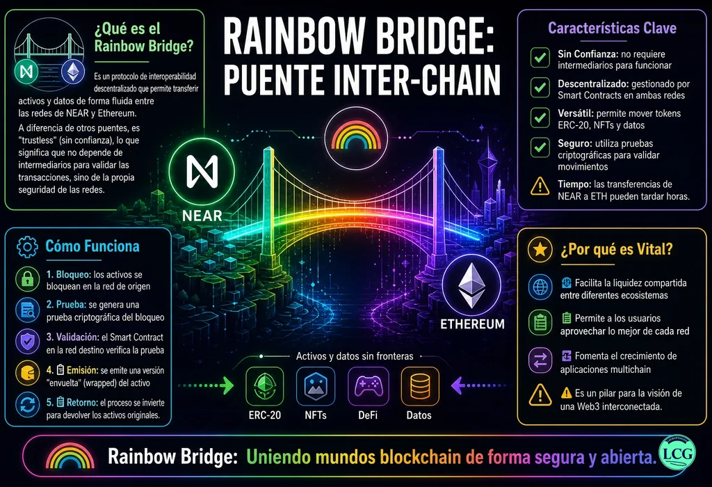 Infograf&iacute;a explicativa sobre Rainbow Bridge en blockchain y crypto